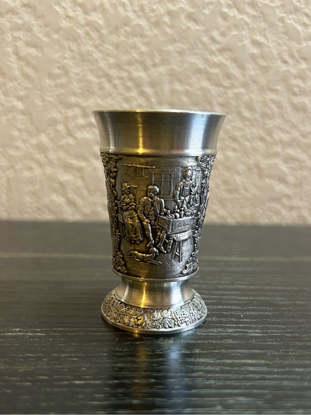 Vintage Zinn Becker Stuttgart Pewter Shot Glass Tavern Scene Dog